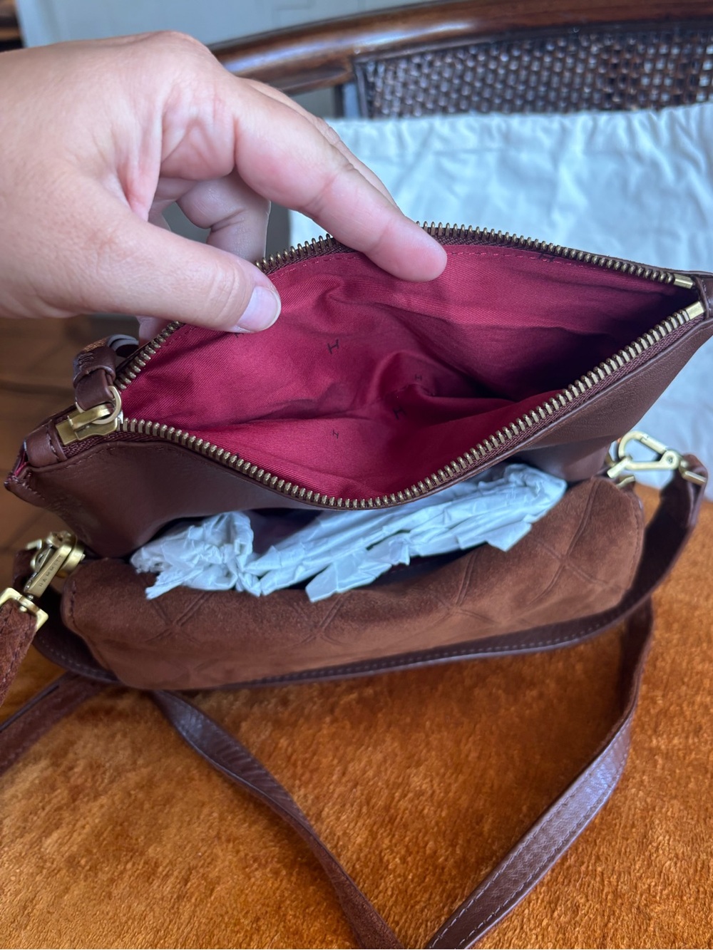 Hammitt Dillon Small Chocolate Diamond Suede Foldover Crossbody Antique Brass - Picture 6 of 9
